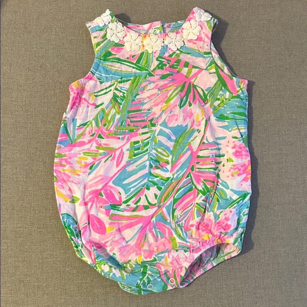 Lilly Pulitzer Lily of the Jungle Cotton Pink and Green Floral Bubble Romper